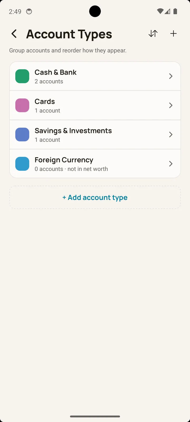 Balance account types screen on Android for grouping cash, bank, card, savings, and foreign currency accounts