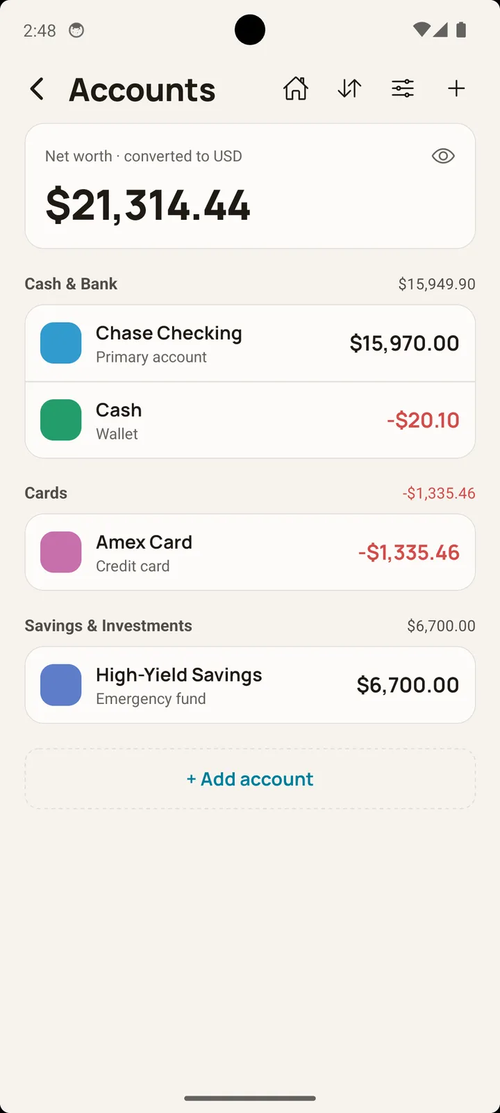 Balance app accounts screen on Android grouping Cash & Bank, Cards, and Savings accounts into one net worth in USD