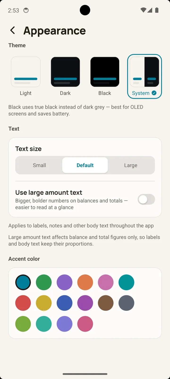 Balance app appearance settings on Android with light, dark, black, and system themes and accent colors
