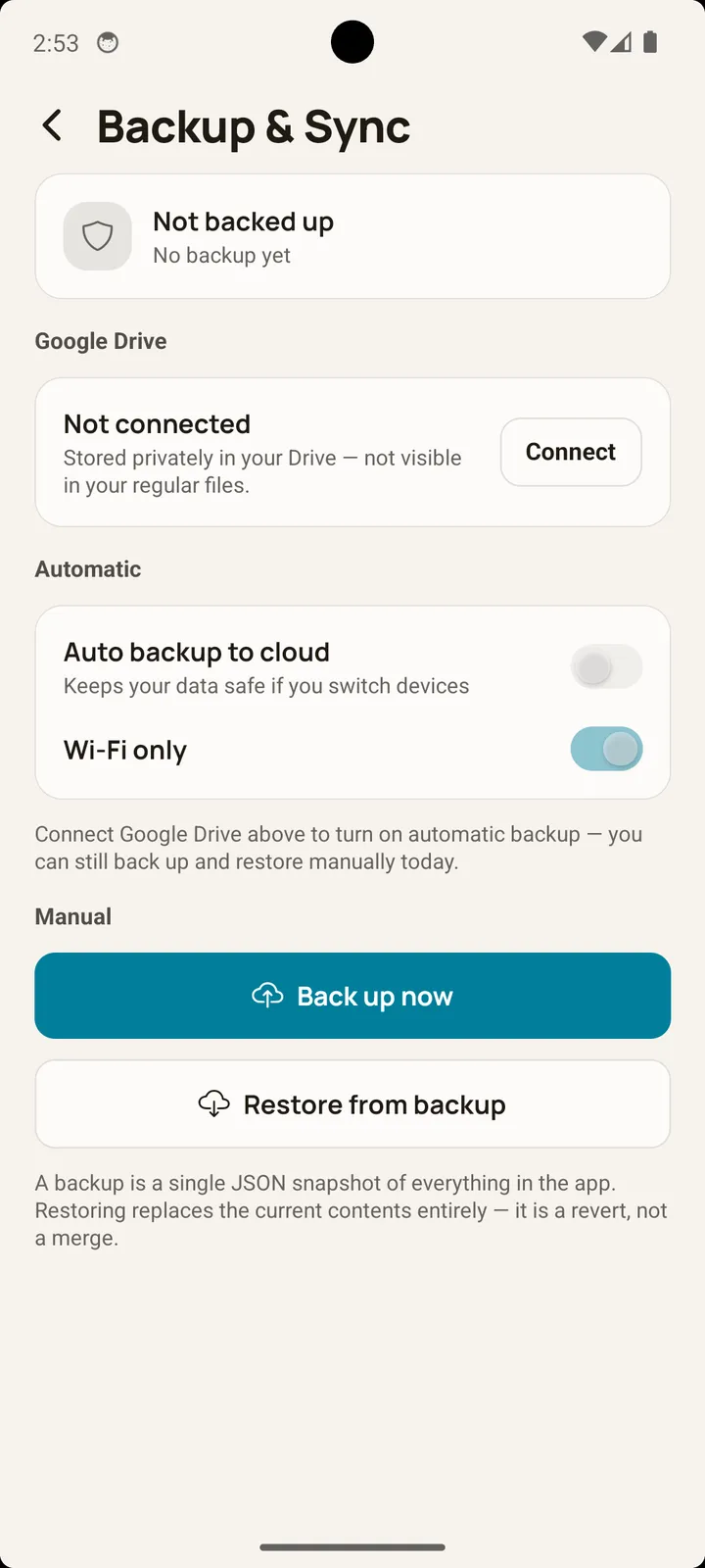 Balance Backup & Sync screen on Android for optional private backup to your own Google Drive