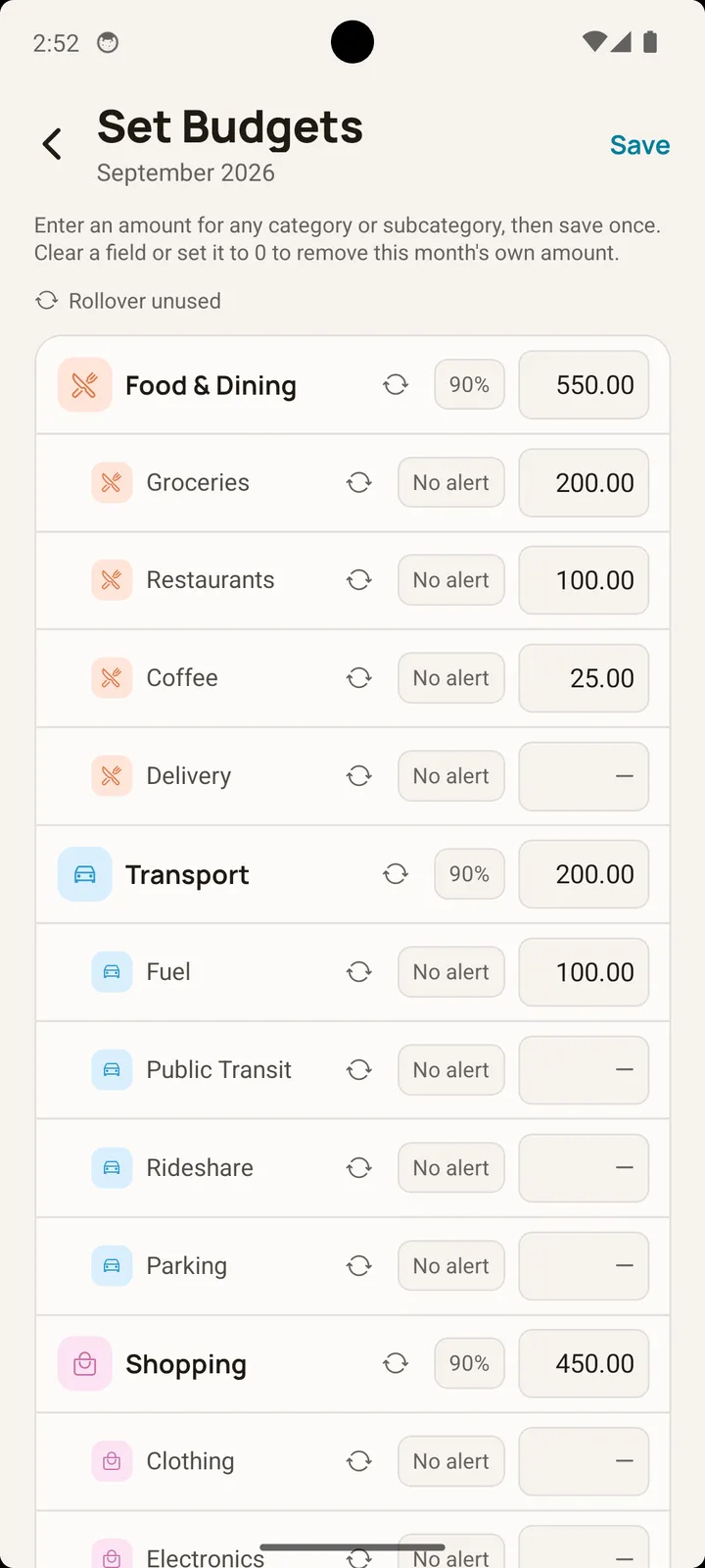 Balance Set Budgets screen on Android for entering a monthly budget for each category and subcategory