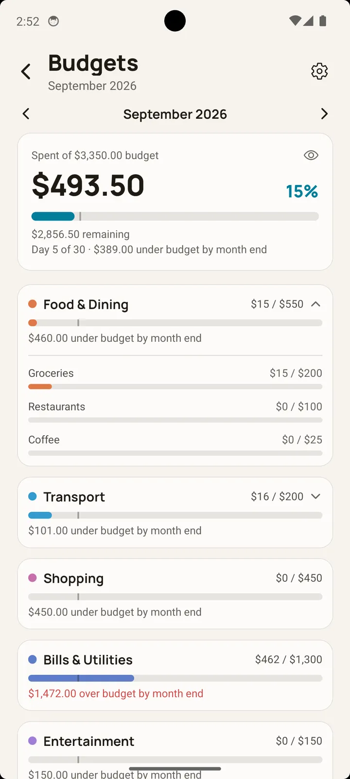 Balance budget app screen on Android with per-category monthly limits and a month-end spending pace projection