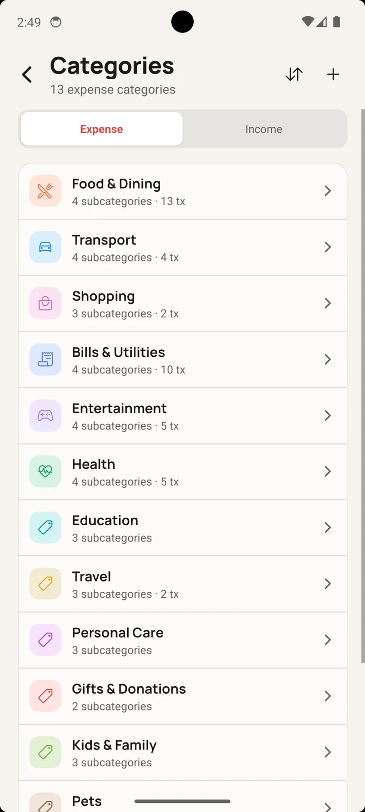 Balance expense categories screen on Android with subcategories for food, transport, shopping, and bills