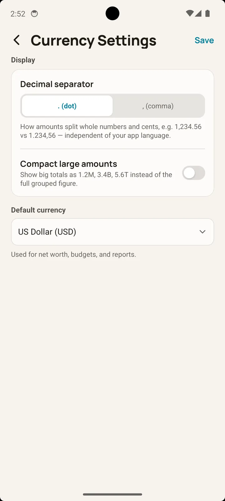 Balance multi-currency settings on Android with default currency, decimal separator, and exchange rates