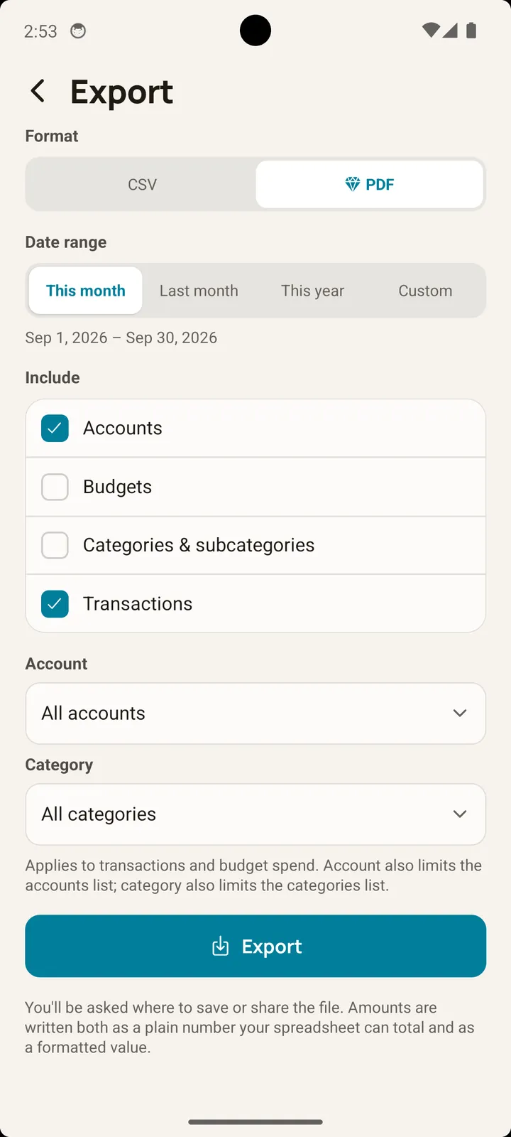 Balance export screen on Android for exporting transactions, accounts, and budgets to CSV by date range