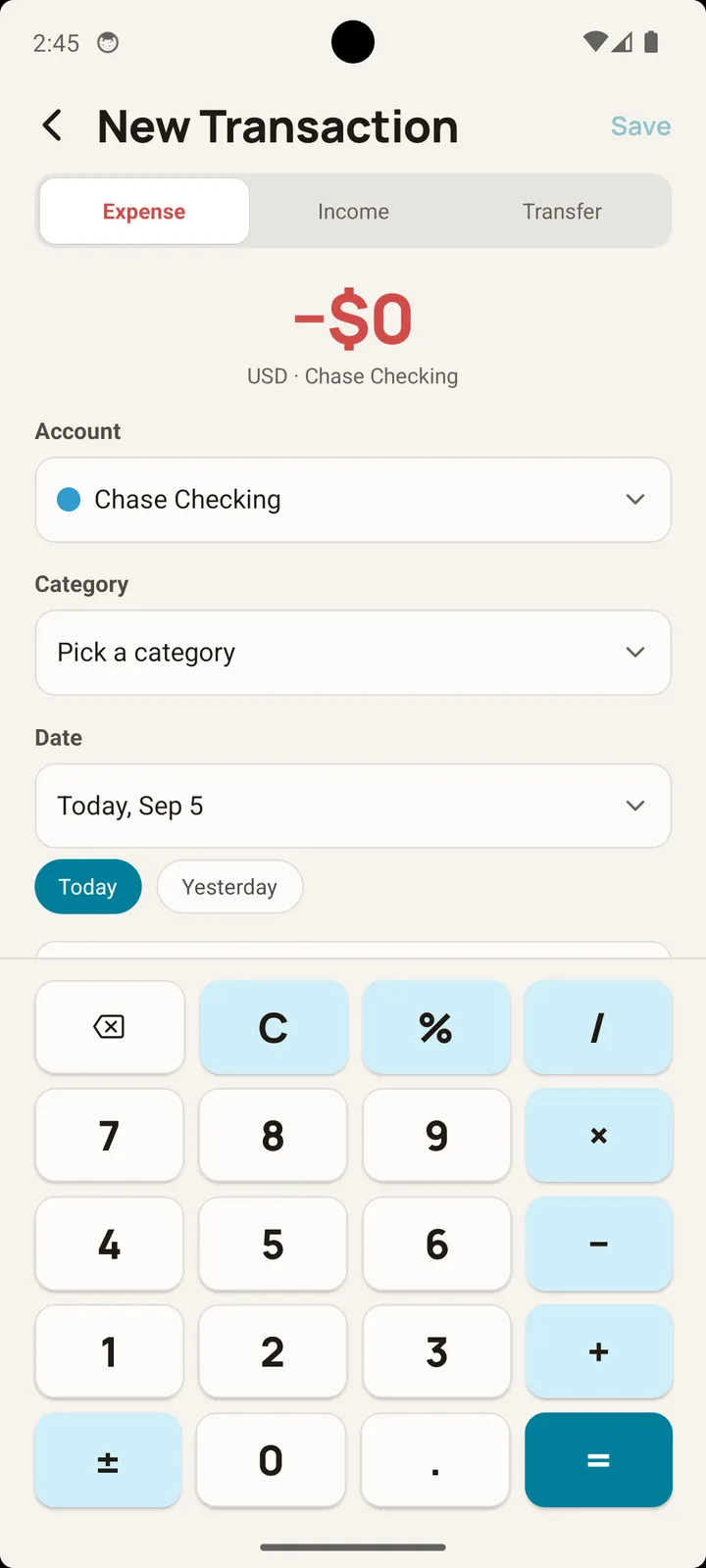 Balance add expense screen on Android with built-in calculator keypad, category, and account pickers