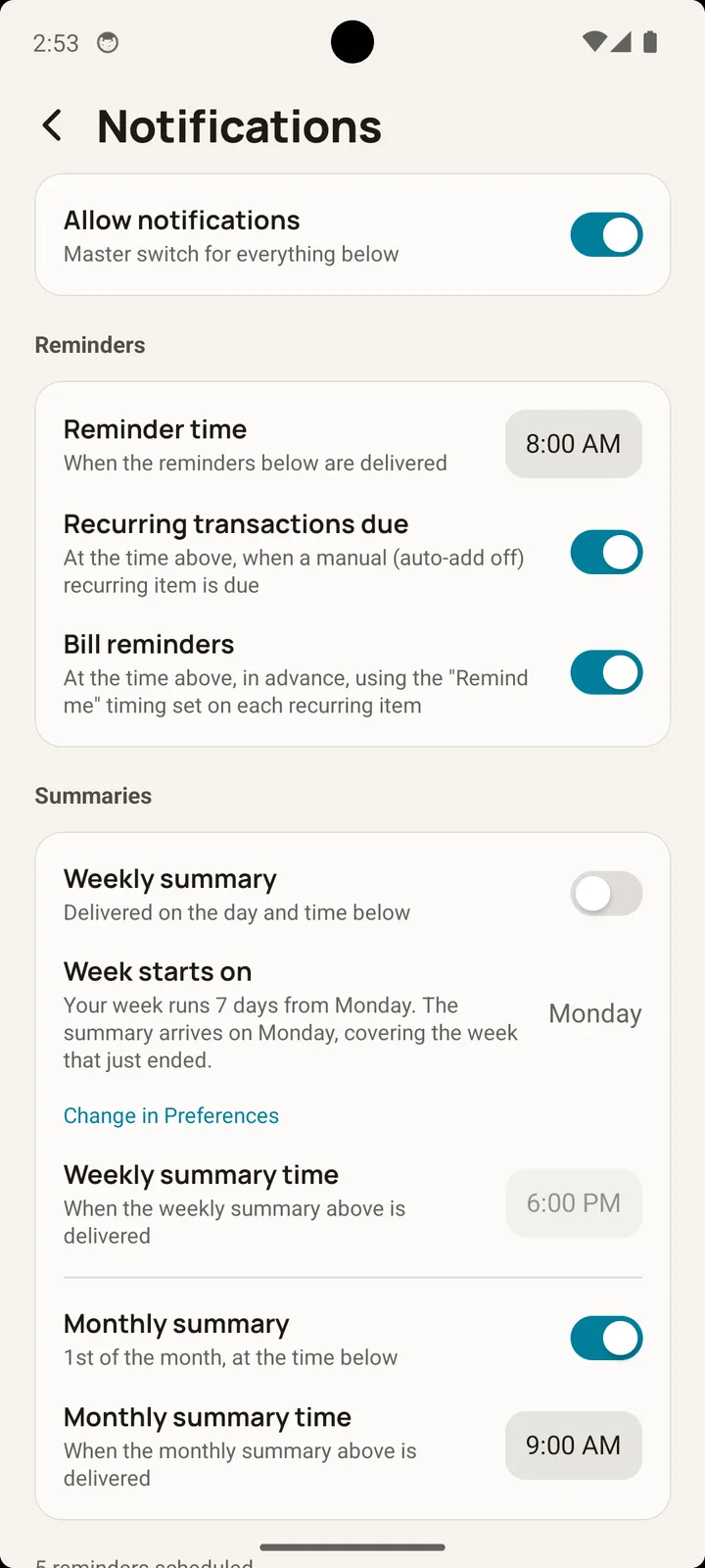 Balance notification settings on Android for bill reminders and weekly and monthly spending summaries