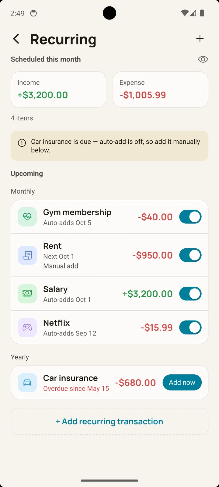 Balance recurring transactions screen on Android listing rent, salary, and subscriptions with next due dates
