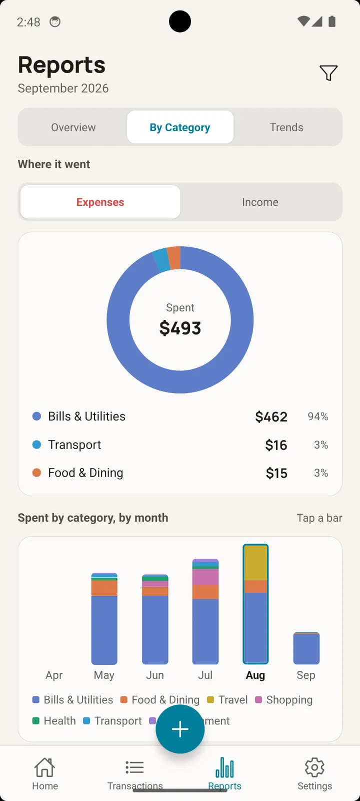 Balance expense report by category on Android with a donut chart and monthly bar breakdown