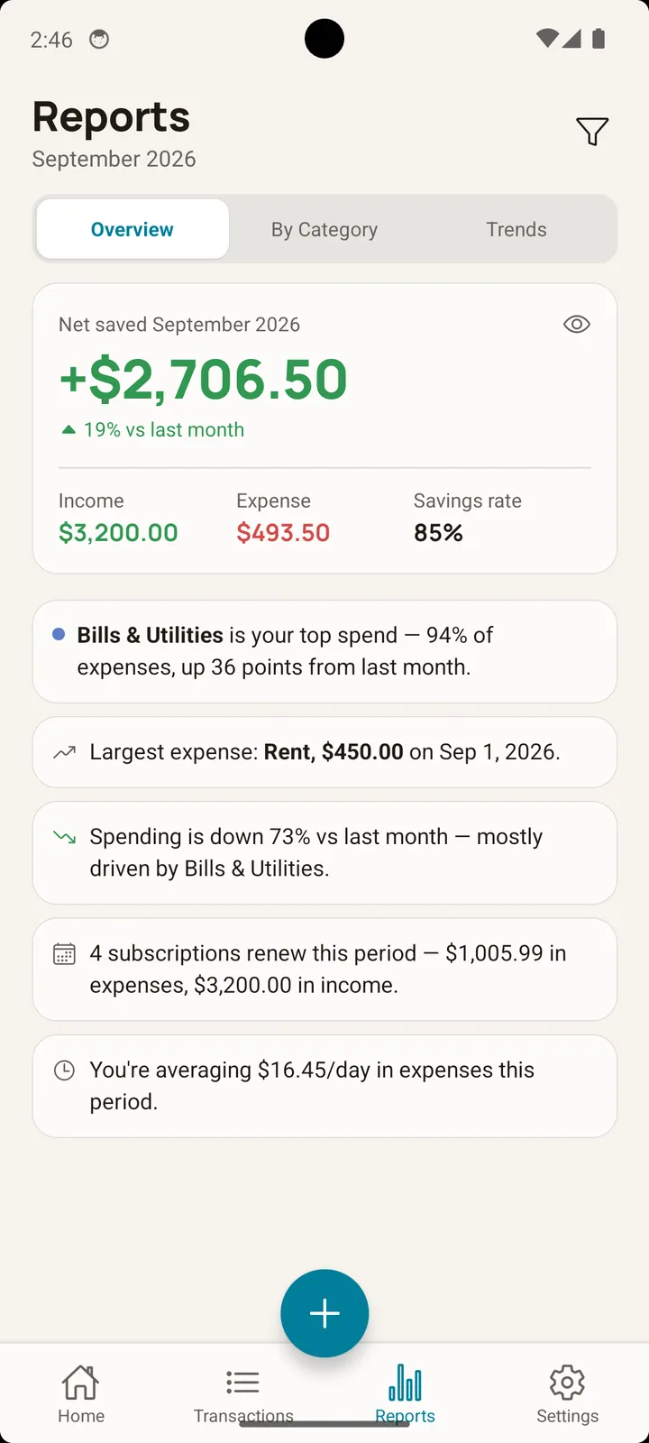 Balance spending report on Android showing net saved, income vs expense, and plain-language insights