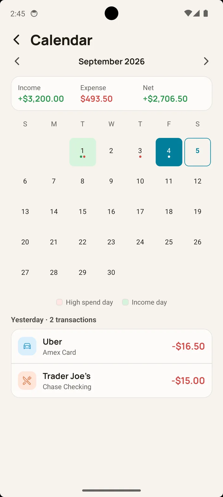 Balance app spending calendar on Android highlighting high-spend days and income days for the month