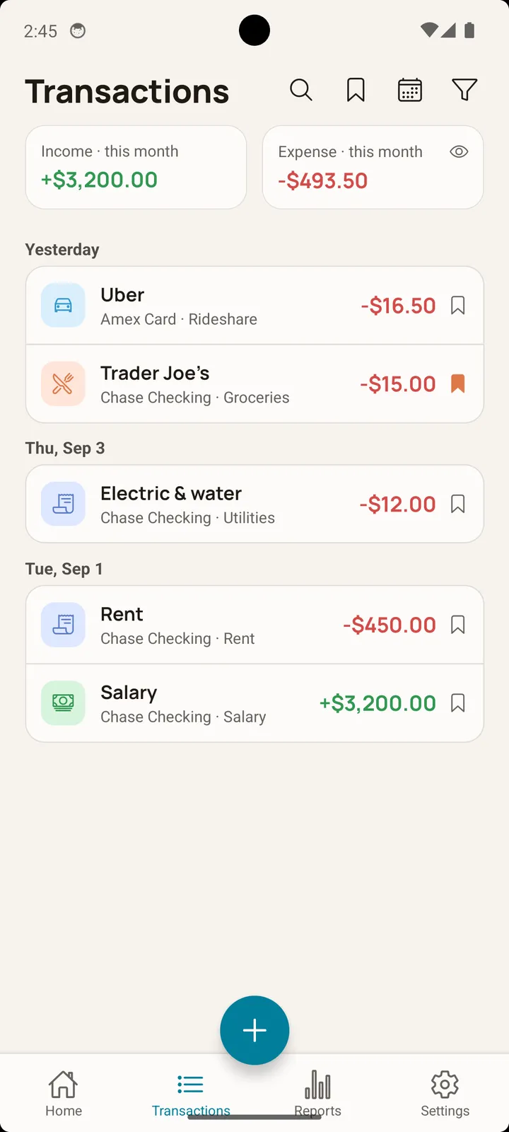 Balance expense tracker transactions list on Android, grouped by day with income and expense totals