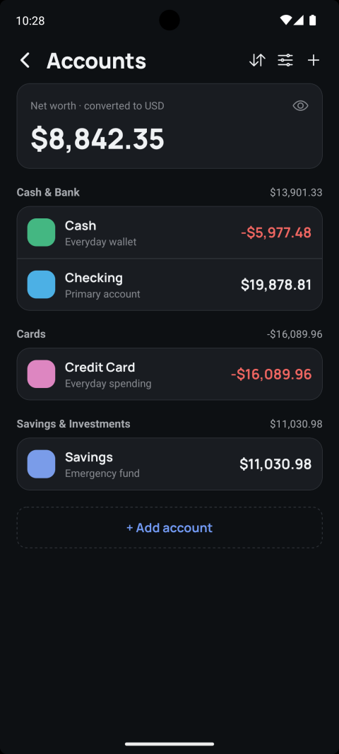 Accounts screen grouped by Cash & Bank, Cards, and Savings & Investments, with net worth converted to USD