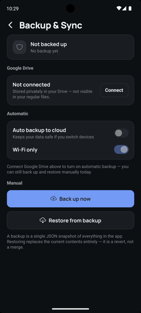 Backup & Sync screen with Google Drive connection and manual backup/restore buttons