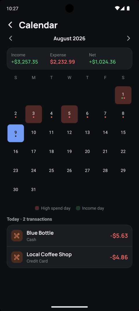 Calendar view for August 2026 with high-spend days and income days highlighted