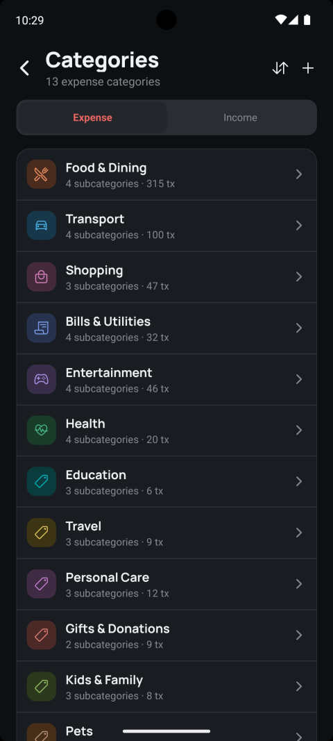 Categories screen listing expense categories with subcategory and transaction counts