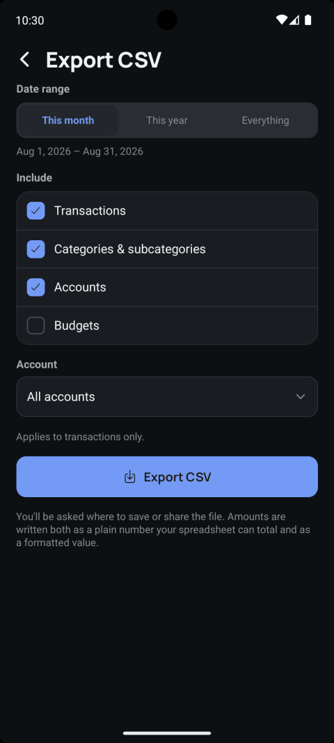 Export CSV screen with date range, data to include, and account filters