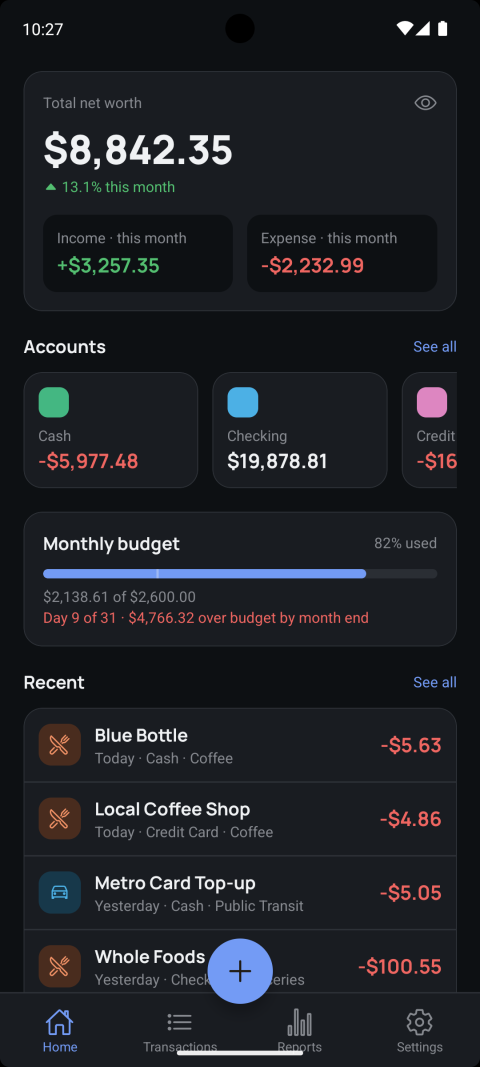 Balance Home screen showing net worth, accounts, monthly budget pace, and recent transactions