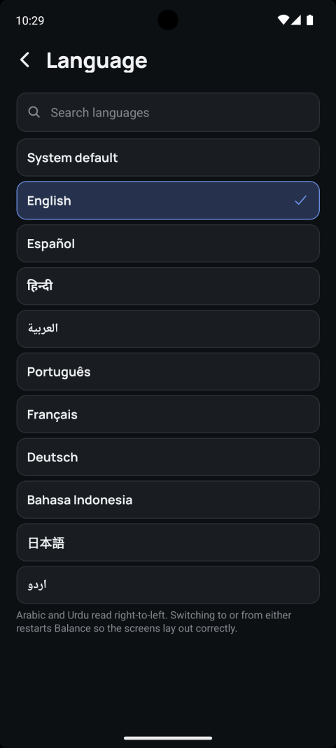 Language picker listing ten languages including Arabic and Urdu, with a note about right-to-left layout restarts