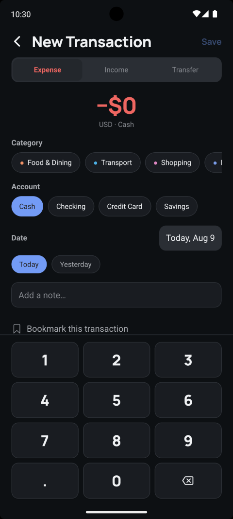 New Transaction screen with a numeric keypad, category chips, account chips, and date shortcuts