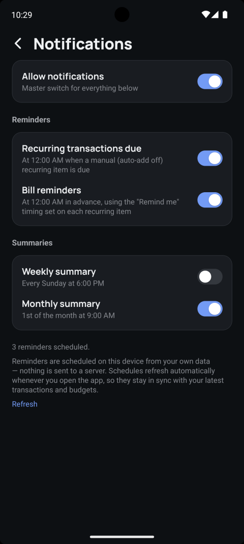 Notifications settings with reminders and weekly/monthly summary toggles