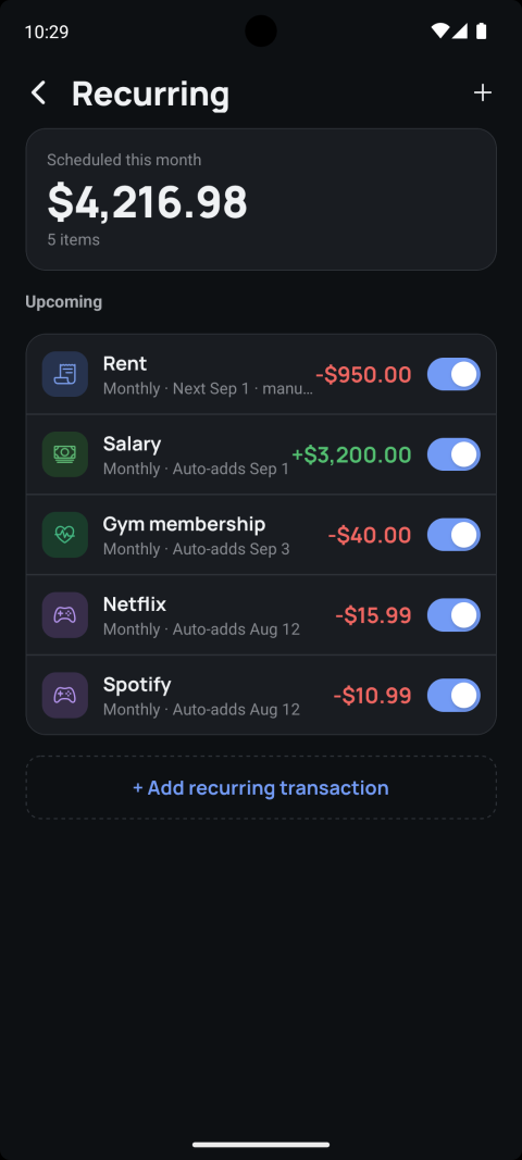 Recurring screen listing Rent, Salary, Gym membership, Netflix, and Spotify with their next due dates