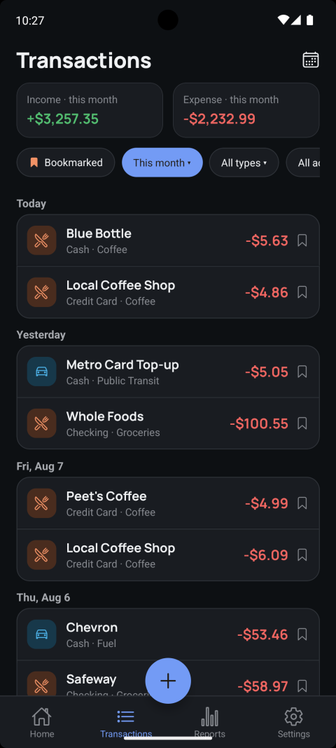 Transactions list grouped by day with income and expense totals for the month